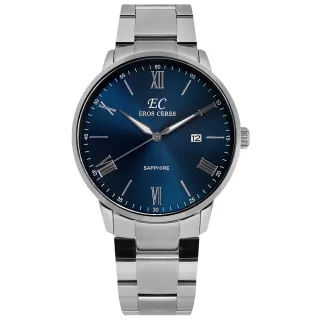 【EROS CERES】簡約時尚 羅馬刻度 藍寶石水晶玻璃 日期 不鏽鋼手錶 藍色 43mm(GQ34328S-BBK)