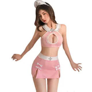 【愛衣朵拉】護士服 性感角色扮演粉紅色小護士(削肩深V露腰短上衣迷你裙套裝)