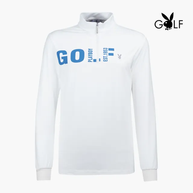 【PLAYBOY GOLF】男款簡約字母印花立領薄長袖POLO衫-米白(吸濕排汗/抗UV/高爾夫球衫/AA21226-73)
