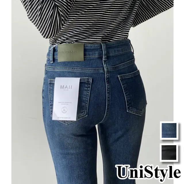 【UniStyle】現貨 韓版熱熔岩拉熔顯瘦牛仔九分褲煙管褲 女 UP8099(黑 藍)