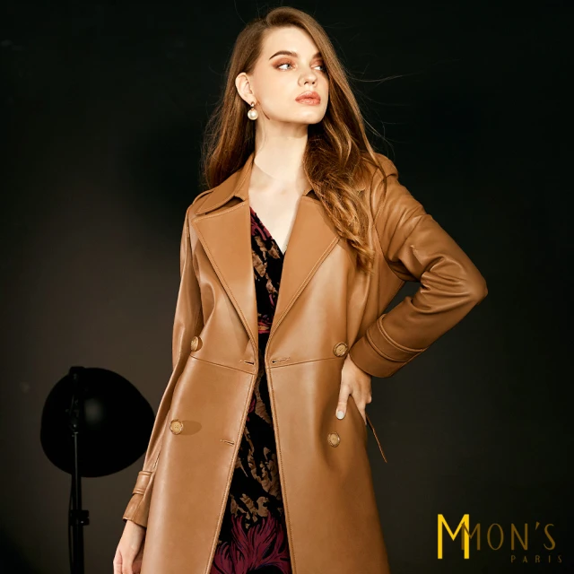 【MON’S】名媛時尚風衣款長版綿羊皮外套(100%綿羊皮)