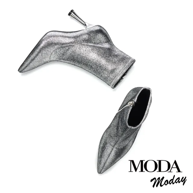 【MODA Moday】華麗復古風金蔥彈力羊皮尖頭美型高跟短靴(銀)