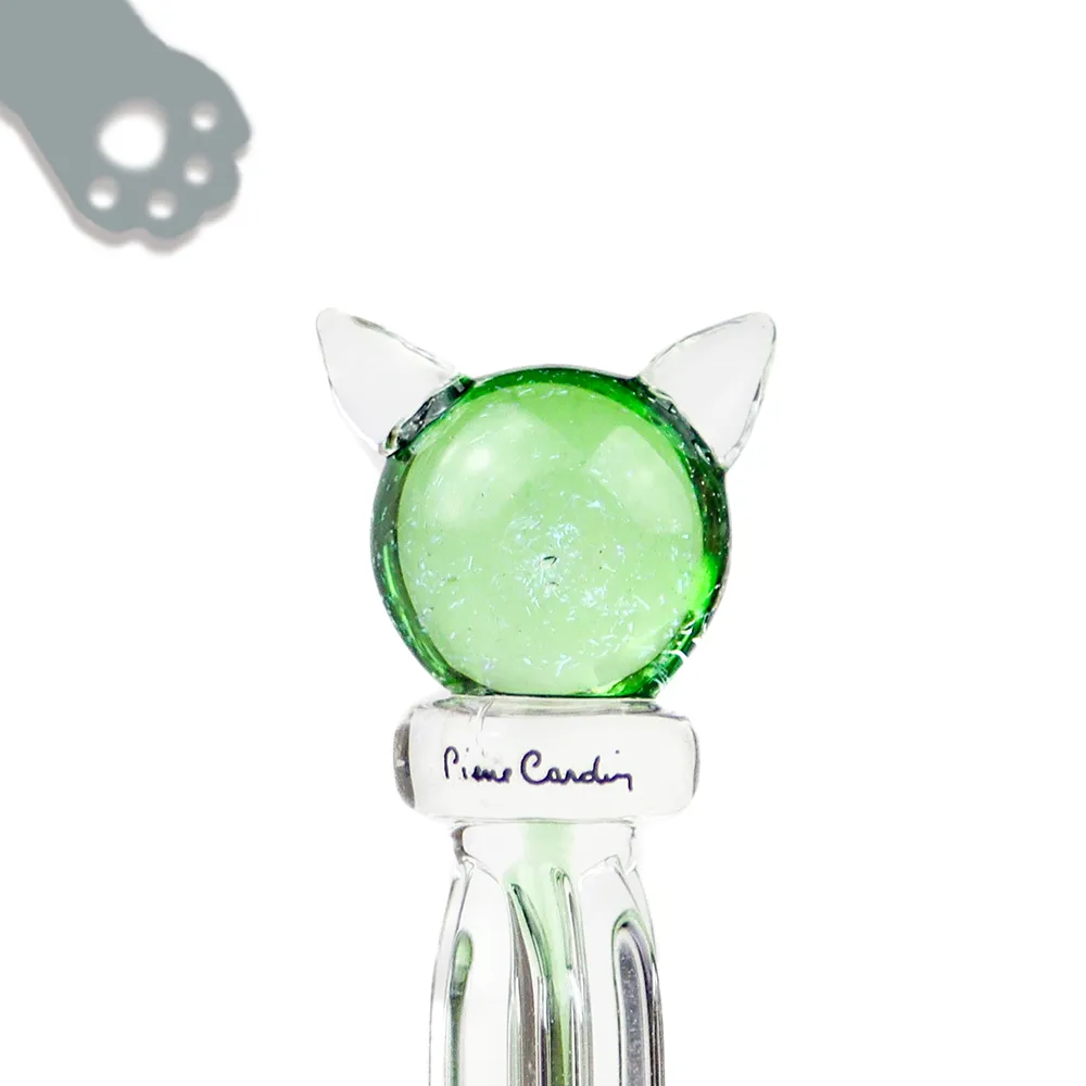 【pierre cardin 皮爾卡登】Pierre Cardin 貓咪水晶玻璃筆+筆擱 - 綠(文創小品)