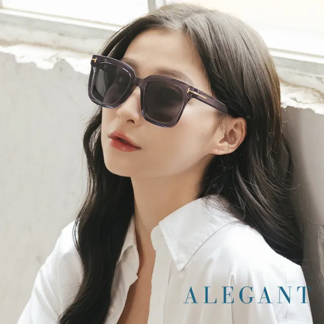 【ALEGANT】藍緋灰都會未來感金飾立體線條勾勒方框輕量TR90寶麗來偏光墨鏡/UV400太陽眼鏡(藍海的湖邊散策)