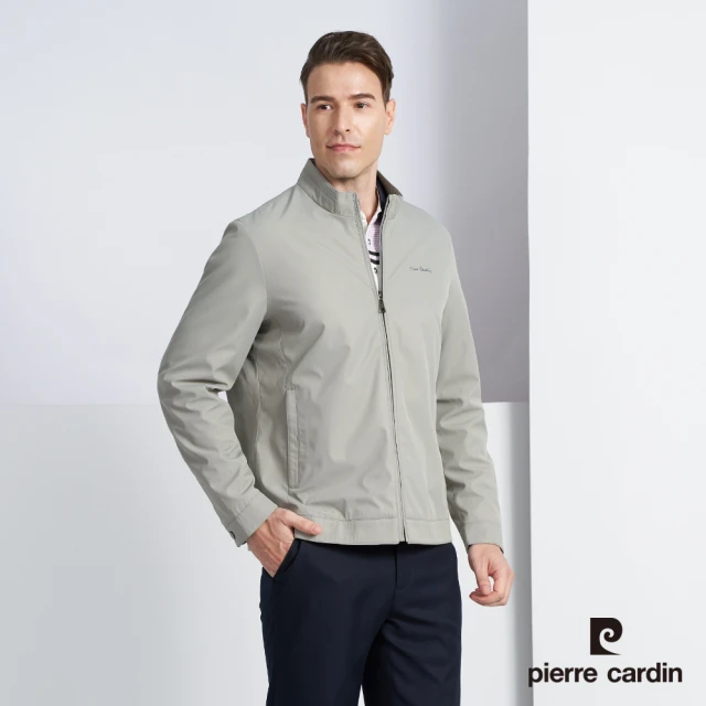 pierre cardin 皮爾卡登 商務休閒 男款 休閒立領印暗條格紋保暖鋪棉外套-米色(5225761-47)