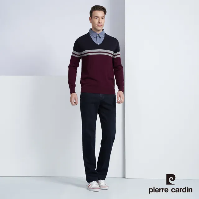 【pierre cardin 皮爾卡登】商務休閒 男款 羊毛混紡橫條襯衫領假兩件針織毛衣-酒紅色(5225474-28)