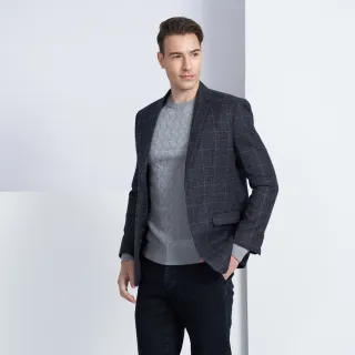 【pierre cardin 皮爾卡登】商務休閒 男款 時尚暗格紋休閒西裝/獵裝外套-深藍色(5225572-37)