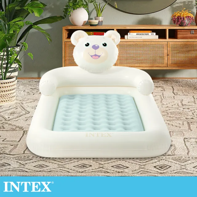 【INTEX 原廠公司貨】小熊防滾落兒童植絨充氣床-附手壓幫浦(66814)