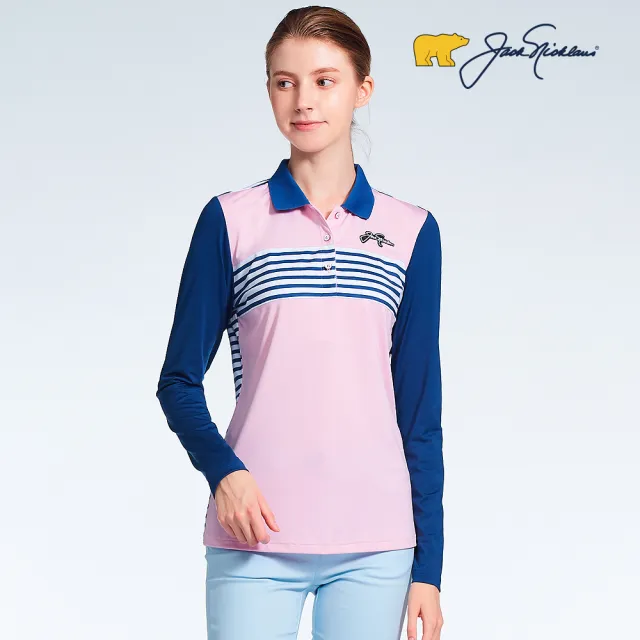 【Jack Nicklaus 金熊】GOLF女款條紋配色POLO衫/高爾夫球衫(粉紅色)