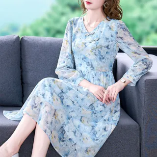【ALICAI 艾麗彩】水藍彩花印花中國結雪紡洋裝(S-2XL)
