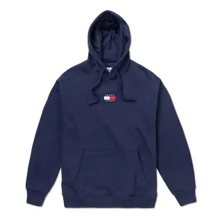 【Tommy Hilfiger】TOMMY 經典寬版貼布LOGO厚磅內刷毛圖案連帽T恤 上衣-深藍色(保暖舒適/平輸品)