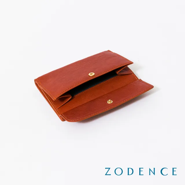 【ZODENCE 佐登司】義大利植鞣革金點設計對開中夾(橘紅)