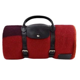 【LONGCHAMP】COLLECTION系列Kristine Five Melv☆r聯名羔羊毛披肩/毛毯(柳橙x藍)