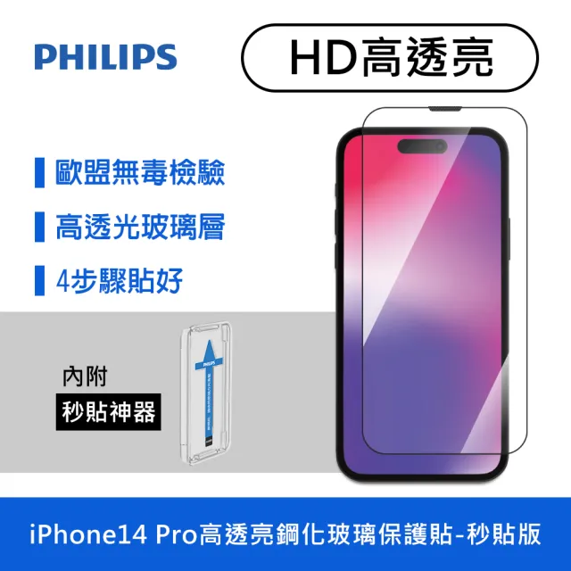 【Philips 飛利浦】iPhone 14 Pro 6.1吋 HD高透亮9H鋼化玻璃保護秒貼 DLK1205/11(適用iPhone 14 Pro)