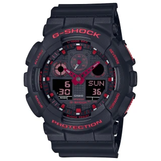 【CASIO 卡西歐】G-SHOCK 火焰紅黑雙顯手錶 畢業禮物(GA-100BNR-1A)