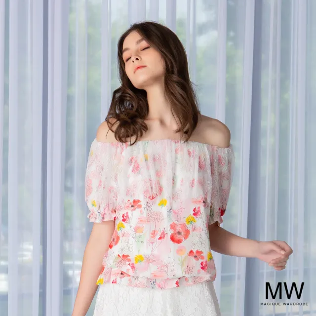 【MAGIQUE WARDROBE】二穿式蕾絲印花雪紡上衣(粉紅印花)