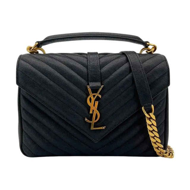 【YSL】仿舊金logo手提/斜背兩用學院包-中(600279-黑)