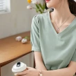 【MsMore】純色舒適上衣夏季新款時尚質感V領泡泡袖百搭T恤 #116948(綠)
