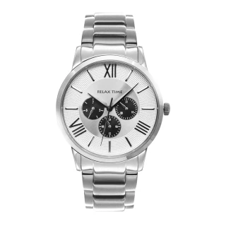 【Relax Time】黑潮王者系列 銀框 白面 不鏽鋼錶帶 三眼腕錶 手錶 男錶 母親節(RT-81-1)