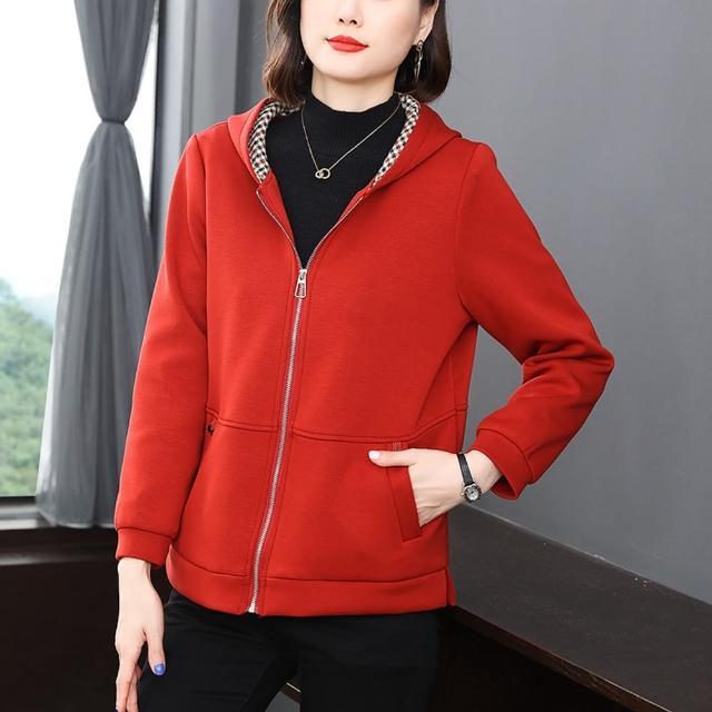 【Paiya 派亞】簡約長袖連帽紅色寬鬆百搭中年女士上衣(M-4XL)