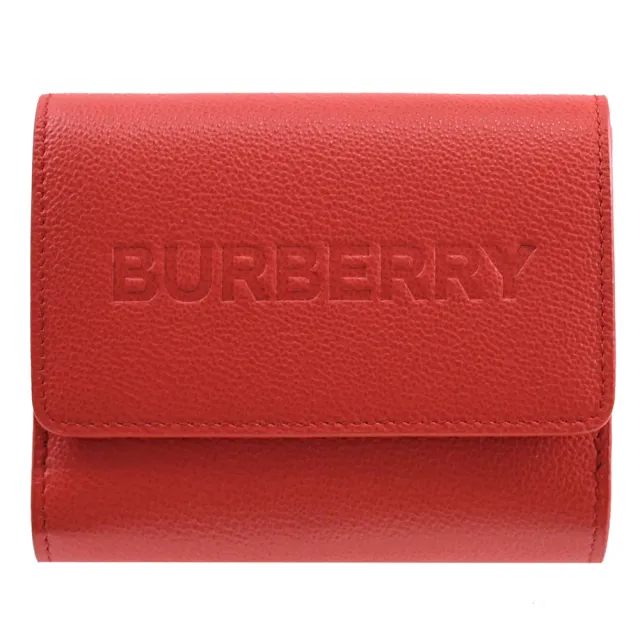 【BURBERRY 巴寶莉】經典品牌烙印LOGO小牛皮雙面扣式零錢短夾(紅)