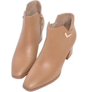 【Ann’S】姊就是時髦-顯瘦側V口羊皮真皮梯形方頭短靴7cm(卡其)