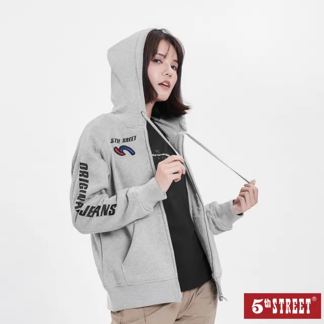 【5th STREET】雙11 女裝繡花休閒連帽外套-麻灰色