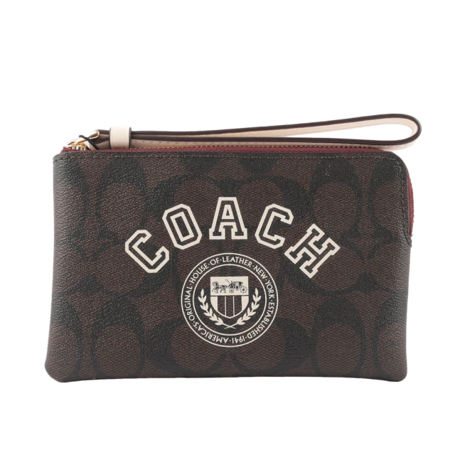 COACH Varsity 校園徽標塗層帆布手拿包(巧克力色)