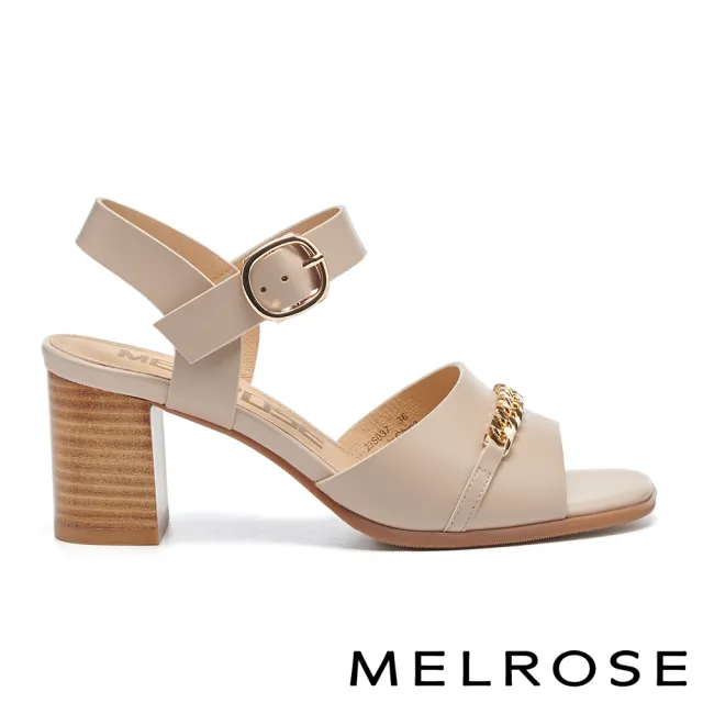 【MELROSE】氣質時髦金屬鏈條牛皮方頭高跟涼鞋(米)