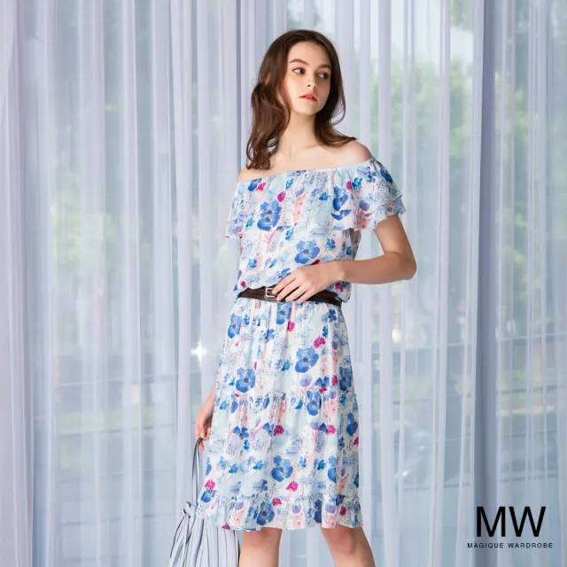 【MAGIQUE WARDROBE】雪紡印花二穿式荷葉洋裝(淺藍印花)