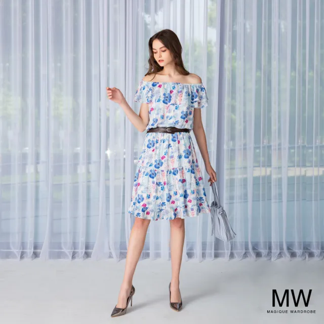 【MAGIQUE WARDROBE】雪紡印花二穿式荷葉洋裝(淺藍印花)
