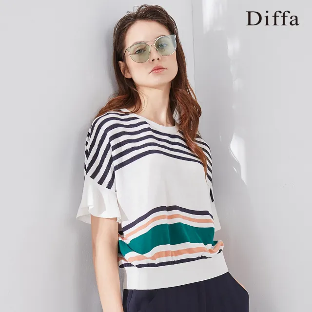 【Diffa】撞色條紋荷葉袖線衫-女