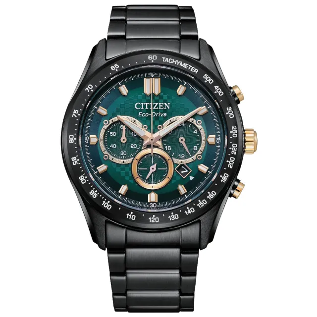 【CITIZEN 星辰】穿越時空亞洲限定款光動能三眼競速計時男錶-綠x黑/43mm 禮物(CA4536-86X)送禮