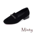 【MIXTY】一字樂福鞋 粗跟樂福鞋/復古翻絨一字燙鑽繩飾典雅粗跟樂福鞋(黑)
