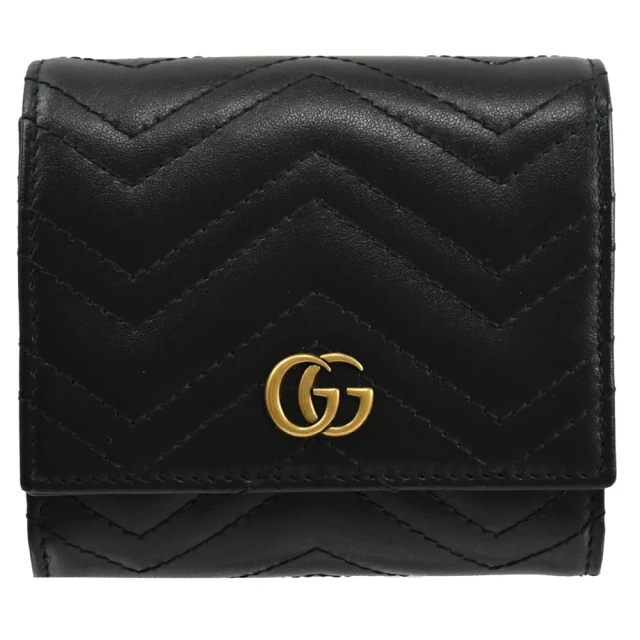 GUCCI 古馳 GG Marmont 金屬雙G LOGO絎縫小牛皮三折扣式零錢短夾(黑 全新福利品)