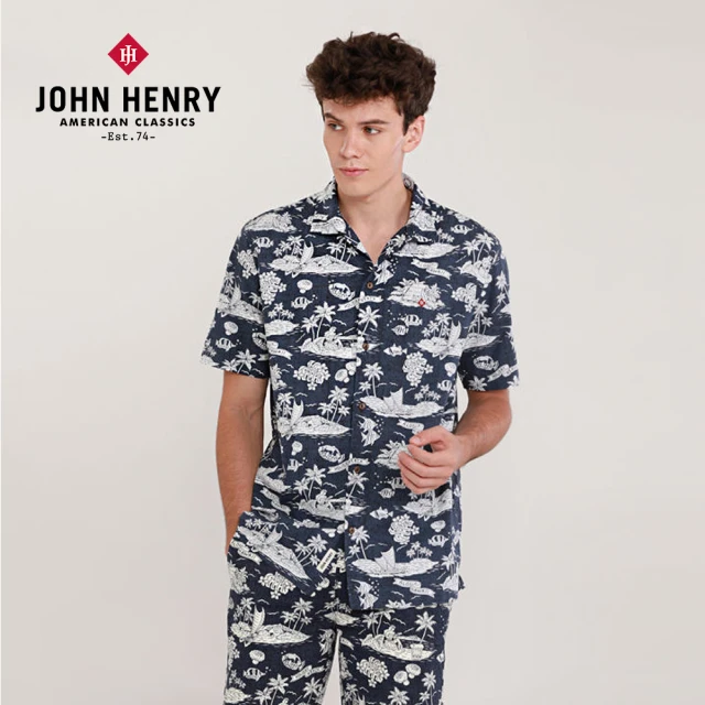 【JOHN HENRY】渡假島嶼古巴領短袖襯衫-黑色