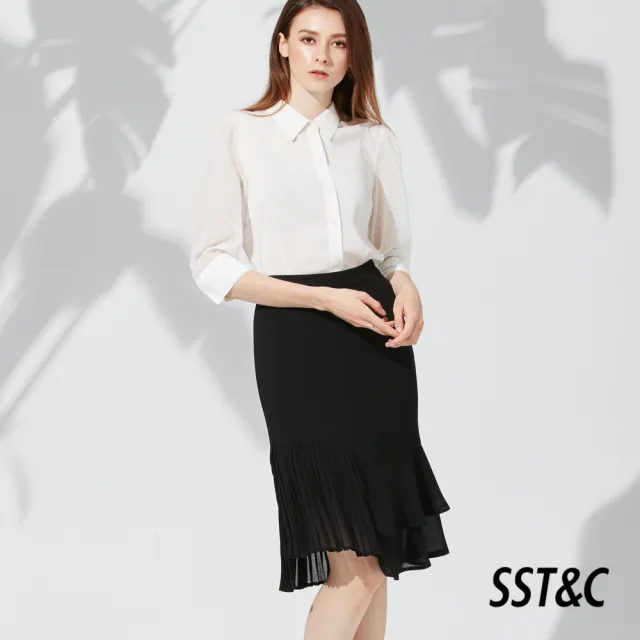 【SST&C 出清３５折】黑色不對襯設計款雪紡魚尾裙8361903002