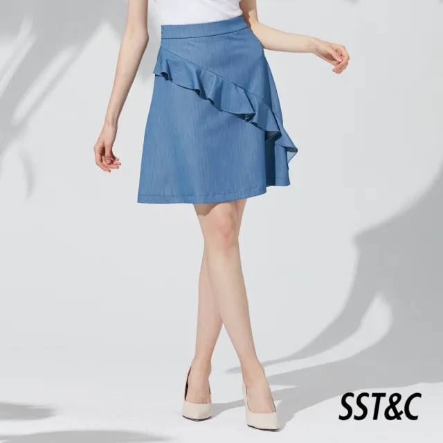 【SST&C 出清２折】藍色單層波浪仿牛仔短裙8361903005
