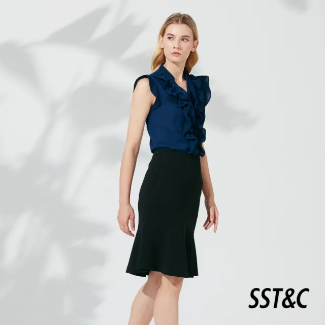 【SST&C 出清２折】黑色彈性弧形波浪裙8361905002