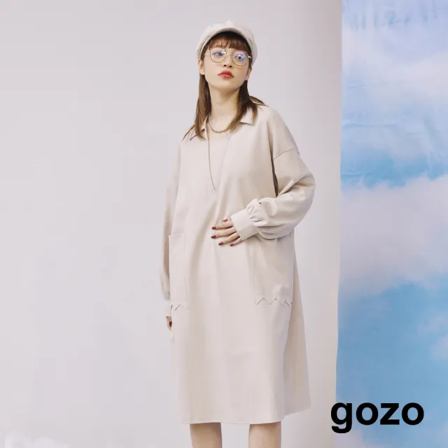【gozo】造型鋸齒V領長洋裝(兩色)