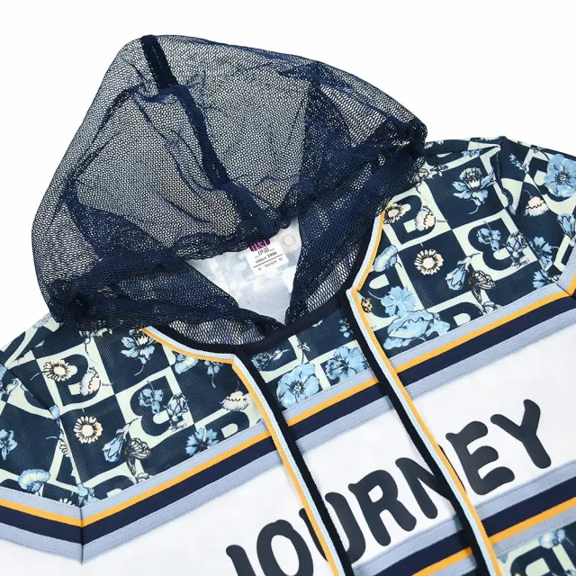 【ILEY 伊蕾】時髦字母扶桑花撞色拼接網帽H型洋裝(深藍色；M-XL；1232367405)