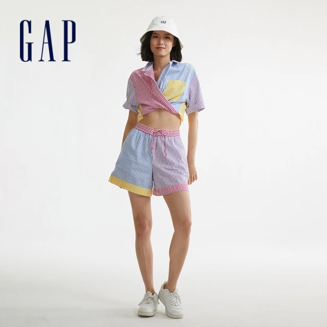 【GAP】女裝 高腰鬆緊抽繩短褲-彩色條紋(616666)