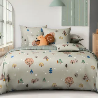 【La mode】環保印染100%精梳棉兩用被床包組-玩咖動物園+松鼠小玩咖兩用抱枕毯(加大)