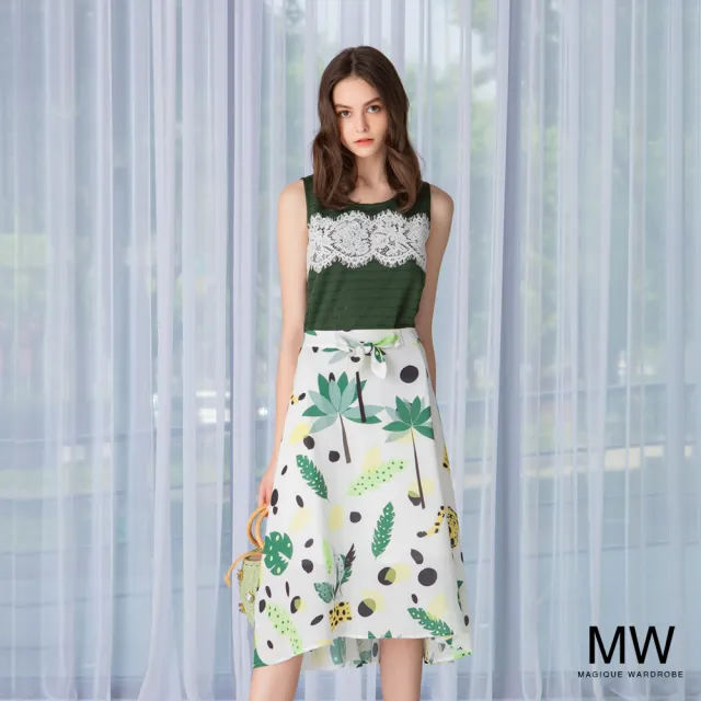 【MAGIQUE WARDROBE】圓領拚接蕾絲無袖背心上衣(深綠)