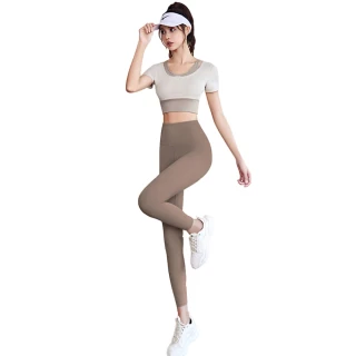 【Amhome】拼色假兩件短袖速乾免穿胸罩瑜伽服專業運動健身長褲2件式套裝#115567(7色)