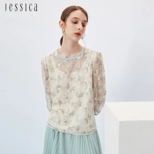 【JESSICA】氣質花卉刺繡蕾絲透膚七分袖上衣233231