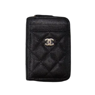 【CHANEL 香奈兒】經典款 拉鍊零錢包/卡包 外掛卡層款(黑色 x 荔枝牛皮 x 淡金釦)