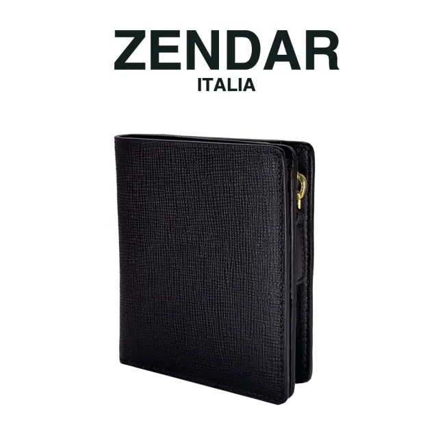 【ZENDAR】國際精品 頂級小牛皮十字紋拉鍊短夾(黑色 送禮盒提袋)