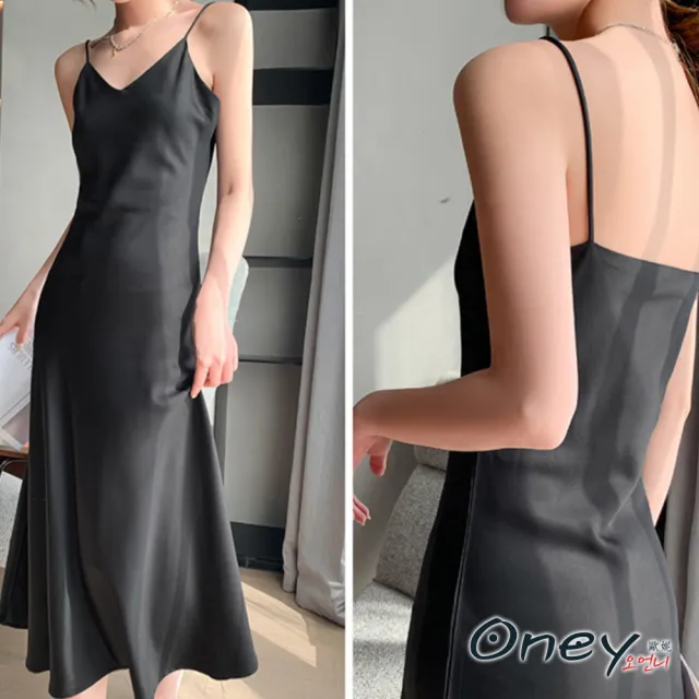 【ONEY 歐妮】★輕奢優雅絲緞面吊帶連身裙(春夏/吊帶裙/連身長裙/絲緞面料)