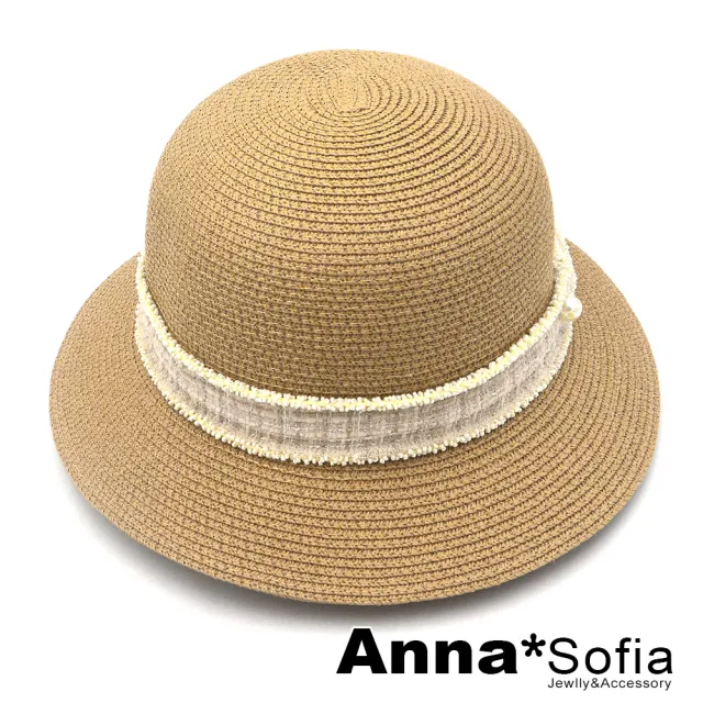 【AnnaSofia】遮陽帽防曬帽淑女帽網美渡假草帽海灘帽漁夫帽盆帽-小香風滾珠長帶 現貨(駝系)